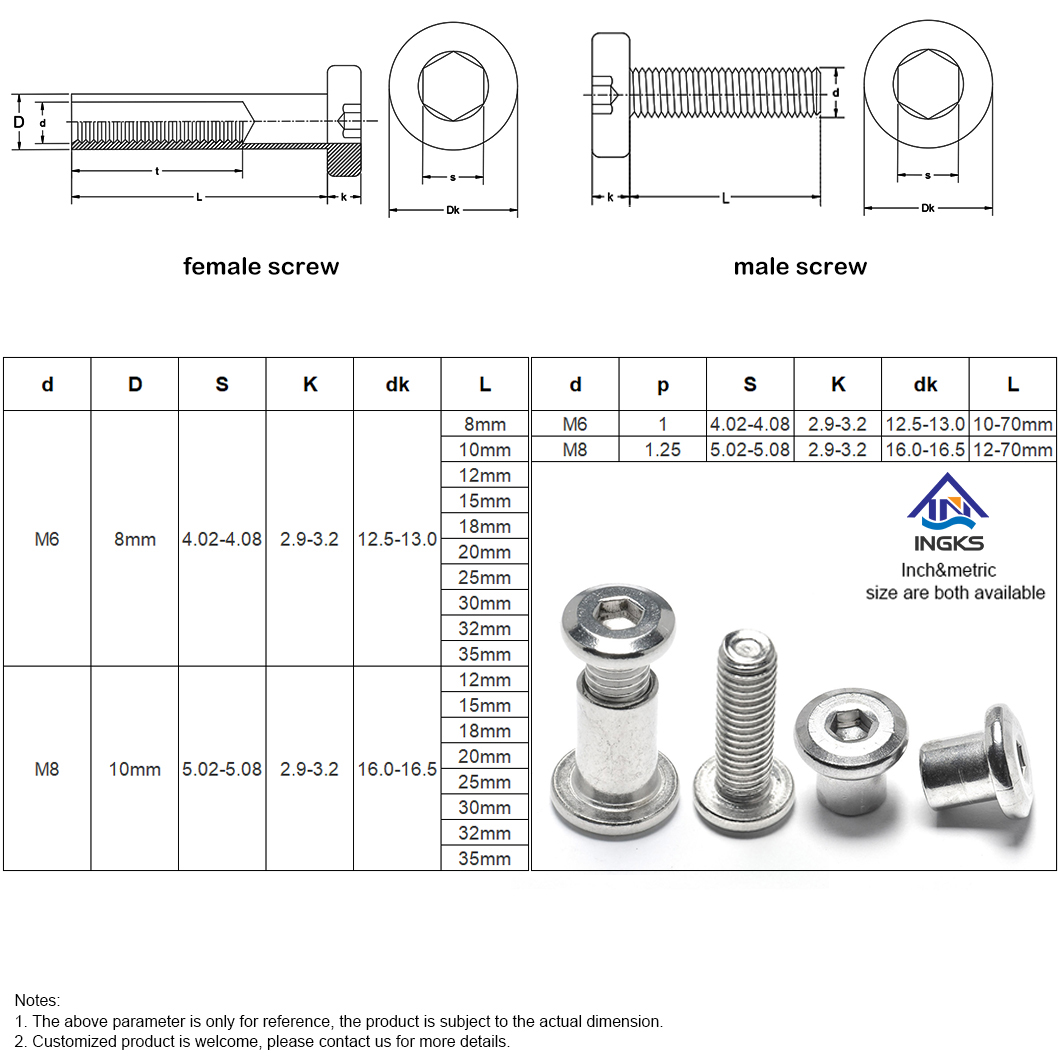 Altıgen Soket Pahlı Düz ​​Başlı Dişi Vida + Altıgen Soket Pahlı Düz ​​Başlı Erkek Vida-6A-6S1